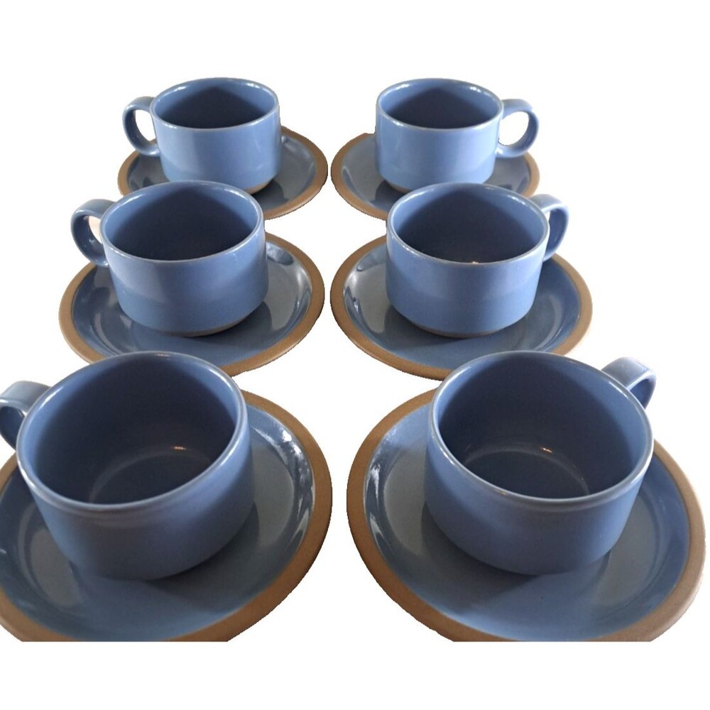 Midwinter Bluestone Tea Coffee Cups & Saucers Set Of 12 Blue Tan Stoneware